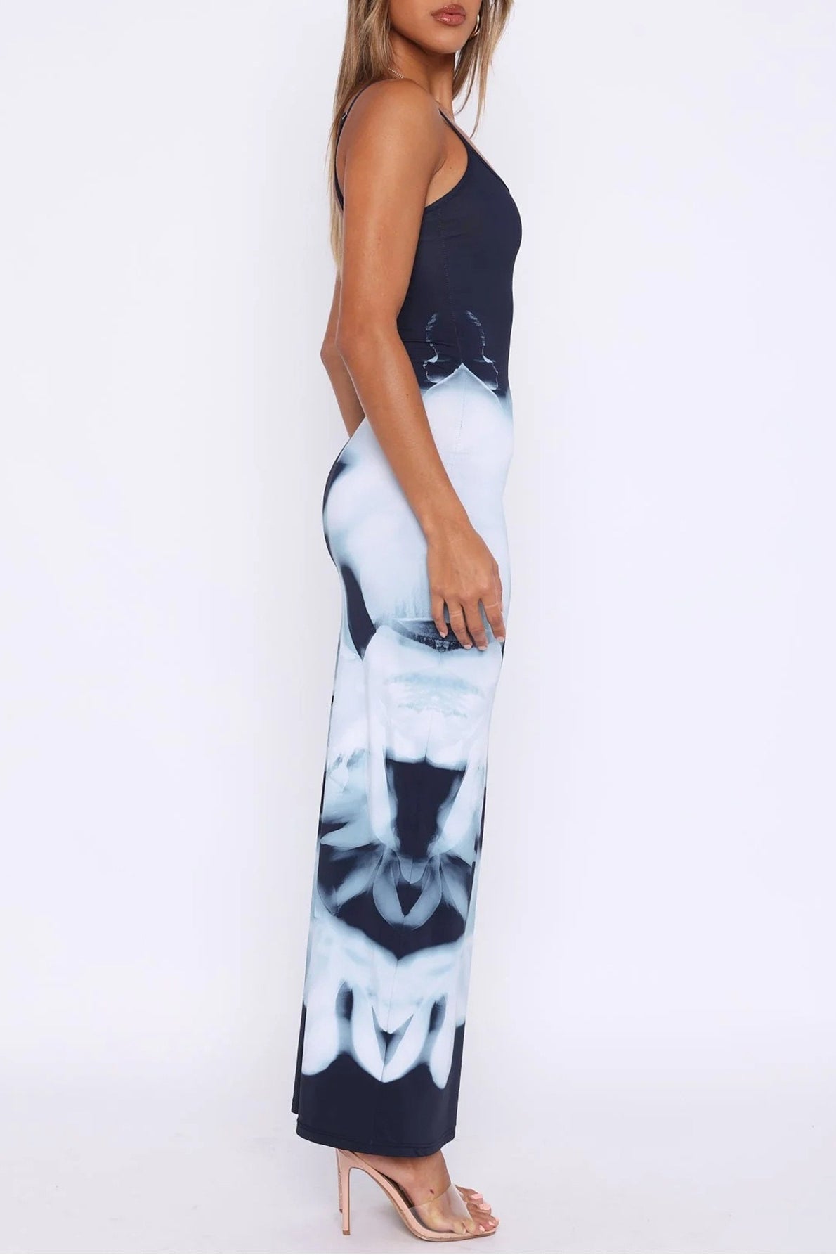 Spaghetti Strap Square Neck Bodycon Abstract Floral Placement Print Maxi Dress
