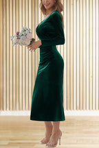 Velvet Wrap Deep V-Neck Ruched Side Long Sleeve Maxi Dress