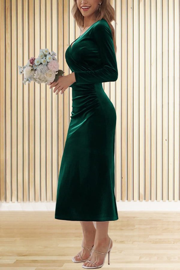 Velvet Wrap Deep V-Neck Ruched Side Long Sleeve Maxi Dress