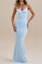 Spaghetti Strap Sweetheart Lace Bustier Mermaid Maxi Dress