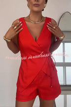 Solid Color Casual Sleeveless V-neck Top and Loose Shorts Set