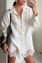 Linen Blend Shirt and Lace-trimmed Shorts Set