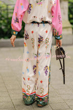 Mystery World Linen Blend Unique Print Loose Blouse and Elastic Waist Pocketed Pants Set