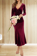 Velvet Wrap Deep V-Neck Ruched Side Long Sleeve Maxi Dress