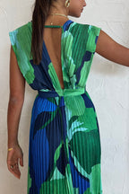 Pleated Deep V-Neck Sleeveless Abstract Floral Print Maxi Dress