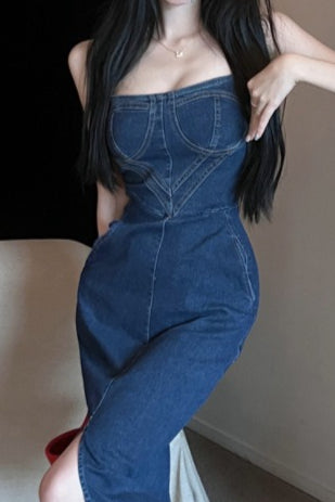Denim Strapless Corset Bustier Side Pocket High Split Midi Dress