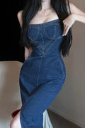 Denim Strapless Corset Bustier Side Pocket High Split Midi Dress