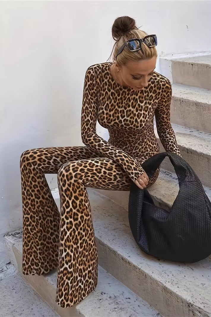 Leopard Print Long Sleeve Backless Slim Jumpsuit