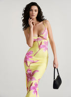 Large Floral Print Spaghetti Strap V-Neck Bodycon Maxi Dress