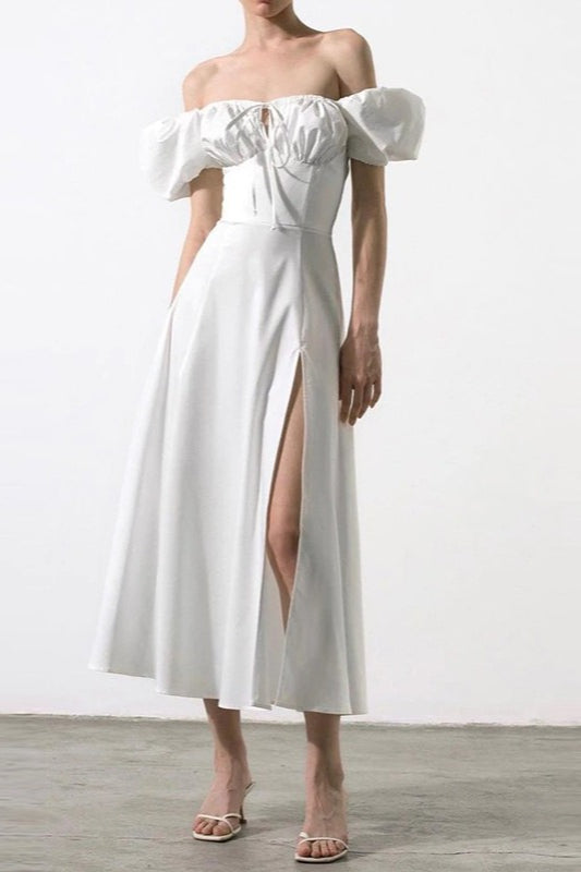 Off Shoulder Puff Sleeve Corset Tie Front High Split Maxi Dress