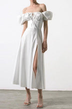 Off Shoulder Puff Sleeve Corset Tie Front High Split Maxi Dress