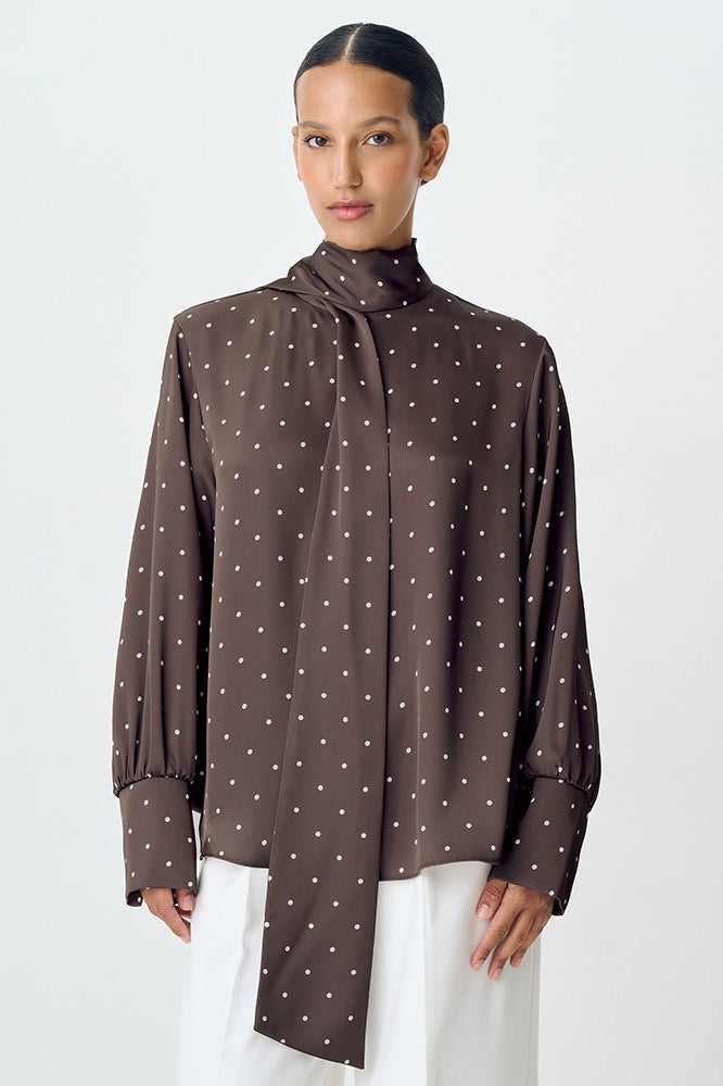 Polka Dot Collared Tie-Up Slim Chic Blouse