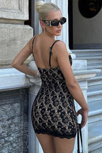Floral Lace Spaghetti Strap Scalloped Trim Bodycon Mini Dress