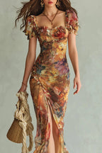 Floral Print Short-sleeved Square Neck Ruffled Elegant Slit Maxi Dress