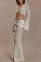 Mania Knit Hardware Detail Bell Sleeve Crop Top and Gathered Overlay Sash Stretch Maxi Skirt Set