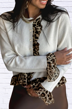Leopard Trim Ruffle Cardigan _ Buttoned Contrast Ruffle & Chic Stretch Fit