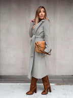 Solid Color Lapel Long Sleeve Woolen Simple Tie Coats