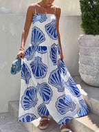 Seashell Print Square Neck Spaghetti Strap Flowy Maxi Dress