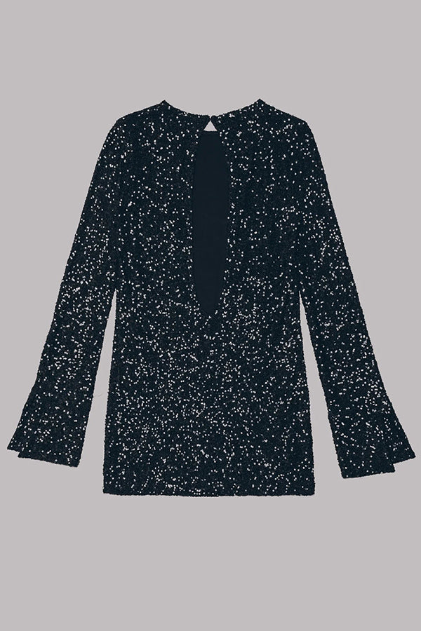 Sequin Long Sleeve Slit Cuff Crew Neck Mini Dress