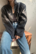 French Design Zipper Crop Leather Jacket