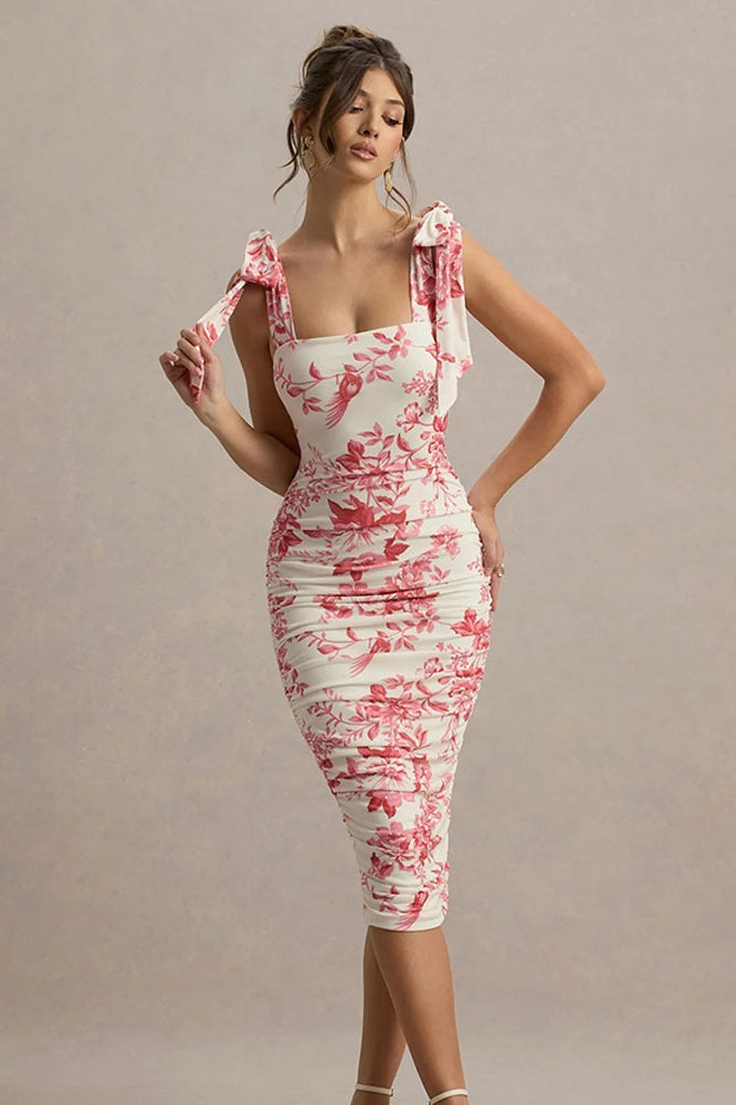 Square Neck Bow Strap Ruched Floral Toile Bodycon Midi Dress