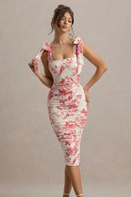 Square Neck Bow Strap Ruched Floral Toile Bodycon Midi Dress