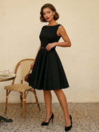 Vintage 1950s Swing Cocktail Dress Women - Sleeveless Boat Neck A-Line Belted Audery Style Midi Gown - Wedding Guest 2026