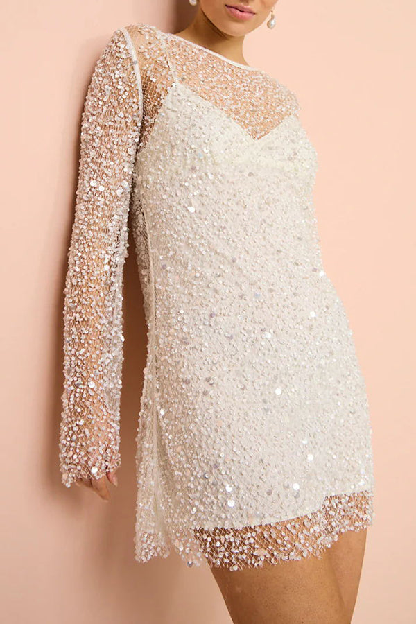 Sequin Mesh Overlay Slip Strap Bell Sleeve Mini Dress