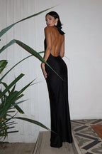 Satin Halter Deep V-Neck Choker Backless Ruched Mermaid Maxi Gown