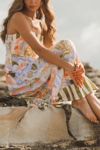 Unique Print Square Neck Spaghetti Strap Waist Casual Maxi Dress