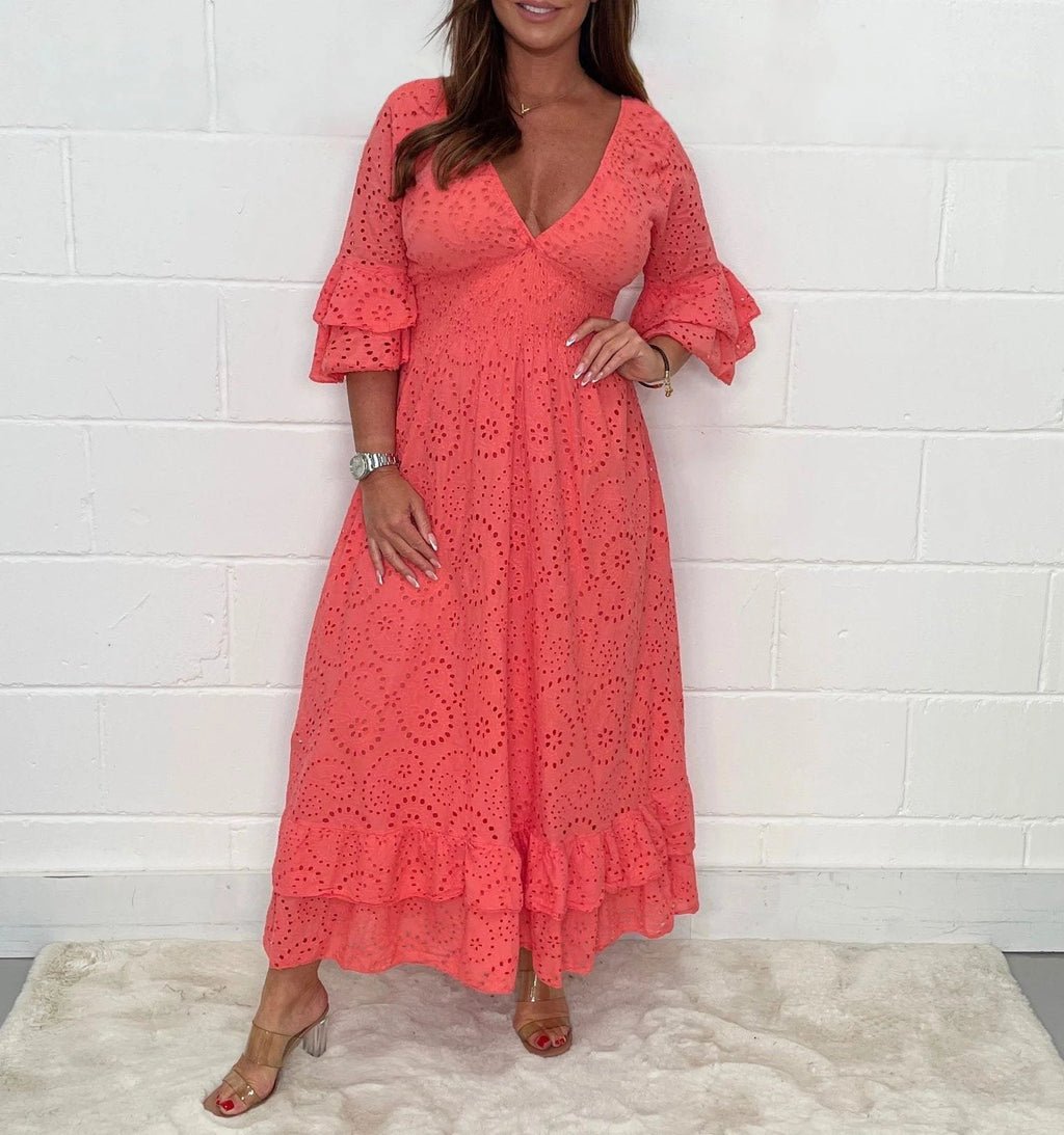 Eyelet Broderie Smocked V Neck Tiered Ruffle Bell Sleeve Maxi Dress