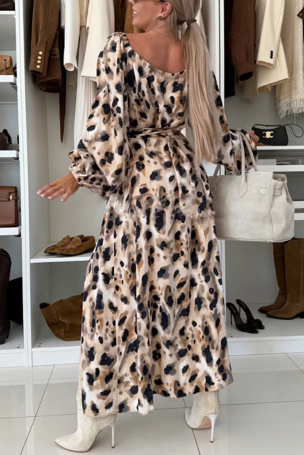 Unique Printed V-neck Long-sleeved Waist Tie Slit Maxi Dress