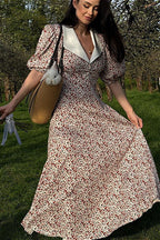 Puff Sleeve Digital Print Peter Pan Collar High Waist Maxi Floral Dress