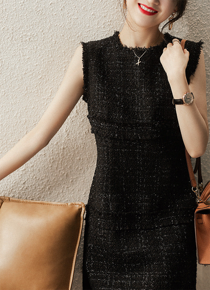 Sequin Tweed Boucle Frayed Edge Crew Neck Sleeveless Shift Mini Dress