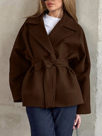 Retro-style Lapel Long-sleeved Belted Loose Coat