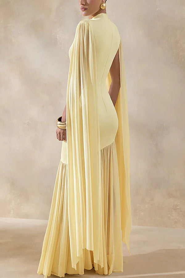 Elegant High-Neck Cape Detail Maxi Dress