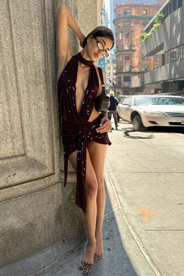Red Deep V Halter Backless Sequin Mini Dress
