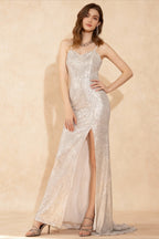 Sequin Spaghetti Strap Scoop Neck High Split Maxi Gown