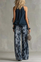 Navy Blue Camisole and Printed Wide-leg Chiffon Suit