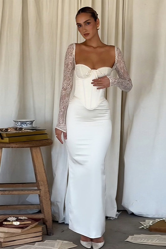 Lace Corset Sweetheart Long Sleeve Satin Mermaid Maxi Formal Gown