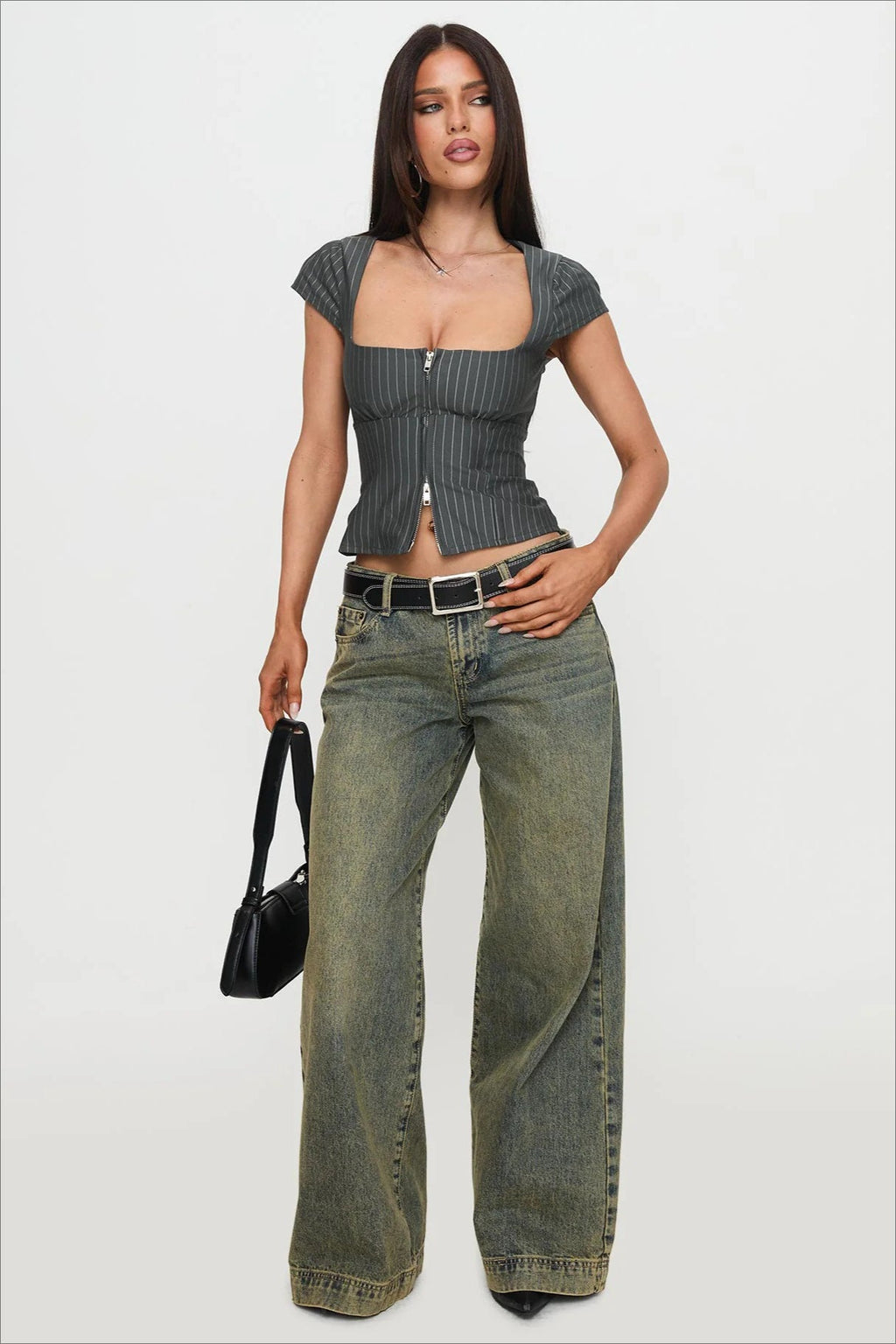 Vintage Square Neck Two Way Zip Stripe Crop Top