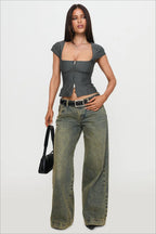 Vintage Square Neck Two Way Zip Stripe Crop Top