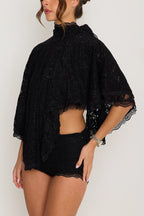 Stylish Openwork Lace Loose Top and Side Zipper Slim-fit Shorts Set