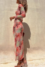 Charm Lady Mesh Overlay Tie Dye Print Long Sleeve Ruched Stretch Midi Dress