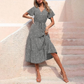 V-Neck Flutter Sleeve Drawstring Waist Tiered Ruffle Ditsy Floral Midi Dress