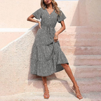 V-Neck Flutter Sleeve Drawstring Waist Tiered Ruffle Ditsy Floral Midi Dress