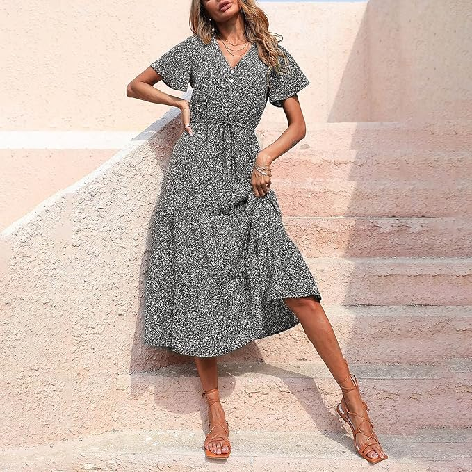 V-Neck Flutter Sleeve Drawstring Waist Tiered Ruffle Ditsy Floral Midi Dress
