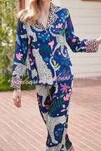 Blue Snow Leopard Printed Home Long Sleeve Two Piece Set
