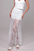 Queen Time Court-style Lace High Rise Elastic Waist Flare Maxi Skirt