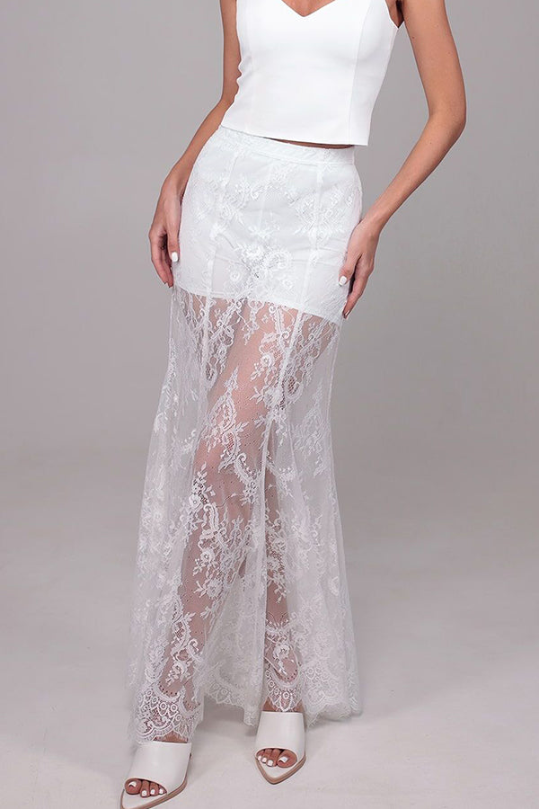 Queen Time Court-style Lace High Rise Elastic Waist Flare Maxi Skirt